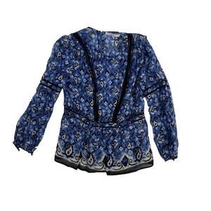 Veronica Beard Cabo Boho Paisley Printed Silk Blouse Sz 2 Back‎ Zip Long Sleeve